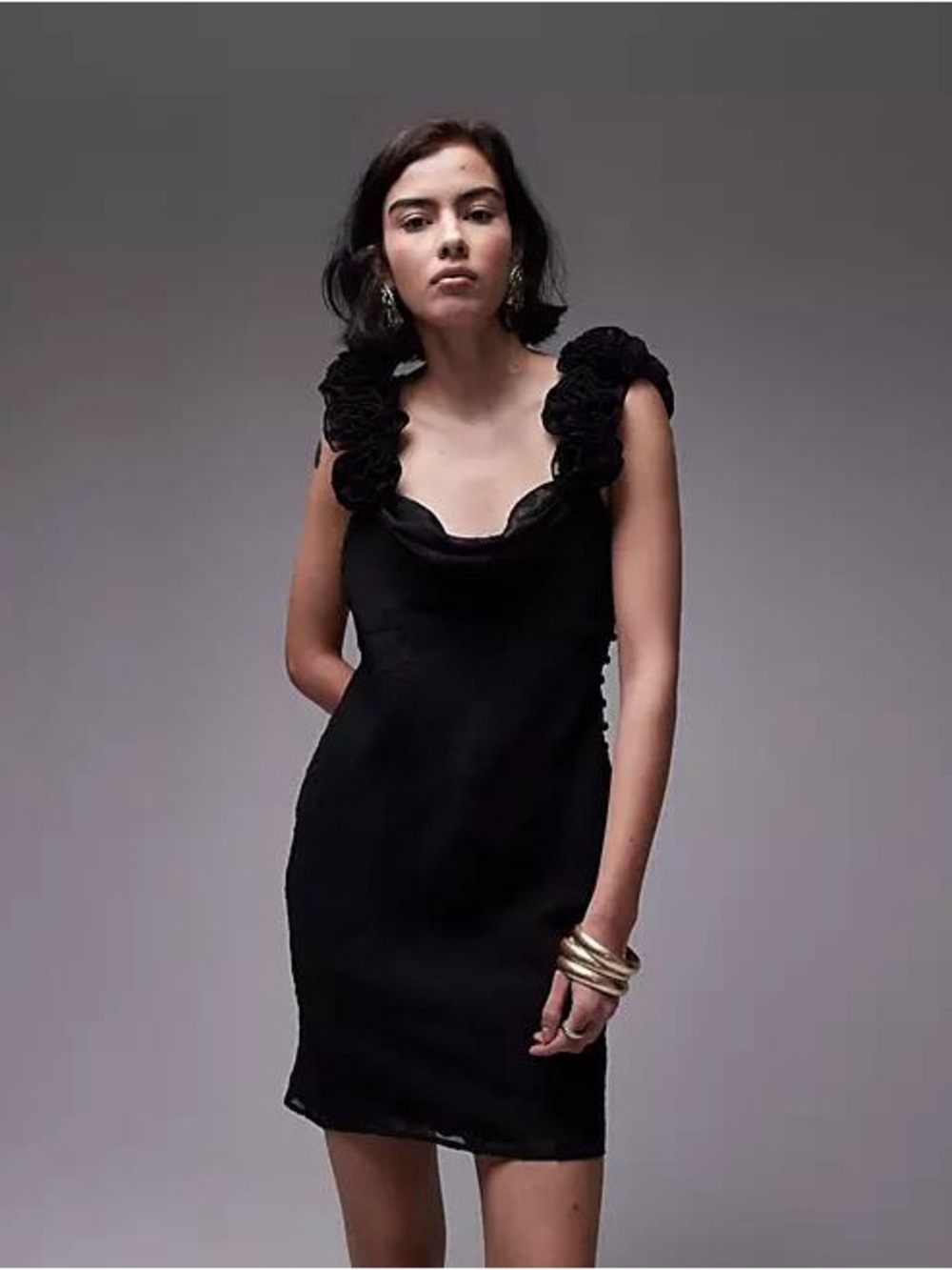 Black Sleeveless Mini Dress with 3D Rosette Straps